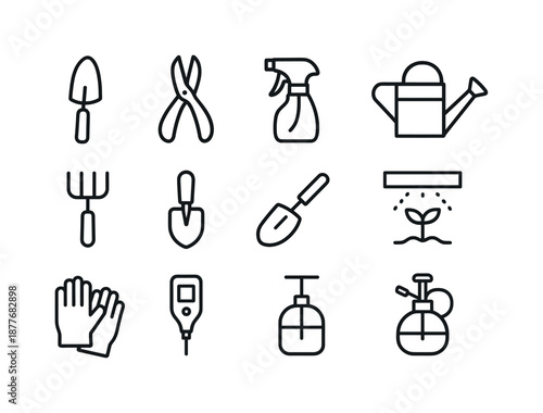 Urban Farming Tools. Urban farming. Line icon set of compact tools: hand trowel, pruning snips, spray bottle, watering can, small rake, soil scoop, mini hoe,