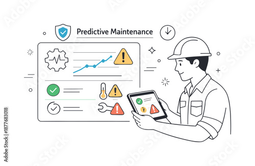 Predictive Maintenance Workflow. Predictive maintenance workflow. A technician reviewing machine health indicators and warning icons on a tablet. Prevention