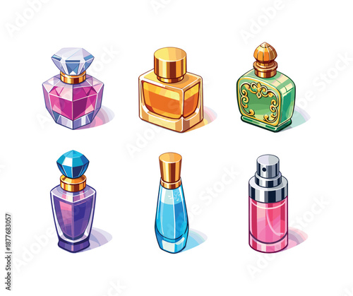 Luxury Perfume Icons. Luxury Perfume. Isometric flat vector icons set of Luxury Perfume: faceted glass bottle, gold cap bottle, engraved perfume bottle,