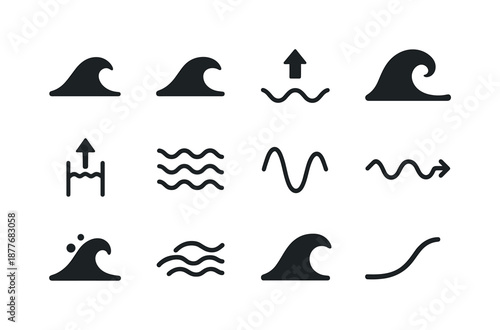 Wave Dynamics Icons. Wave dynamics. Solid icon set of wave dynamics: wave crest, wave trough, swell arrow, breaker icon, wave height marker, surf line,