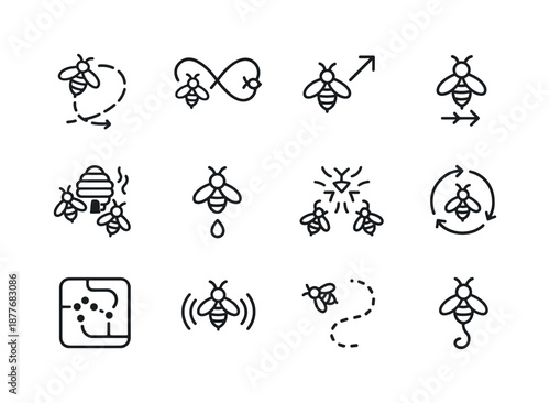 Bee Communication Icons. How bees make honey. Line icon set of bee communication: waggle dance path, figure-eight dance, direction arrow, distance symbol, hive
