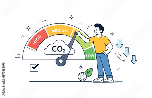 CO2 Reduction Progress. Carbon reduction goals. Character adjusting targets on a CO2 gauge moving downward, representing conscious improvement. Positive