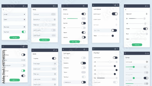 collection of smartphone settings screens with various toggle options and sliders