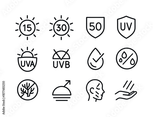 Sunscreen Protection Icons. Applying sunscreen. Line icon set of protection icons: SPF icon, SPF symbol, SPF label, UVA shield, UVB block, waterproof icon,