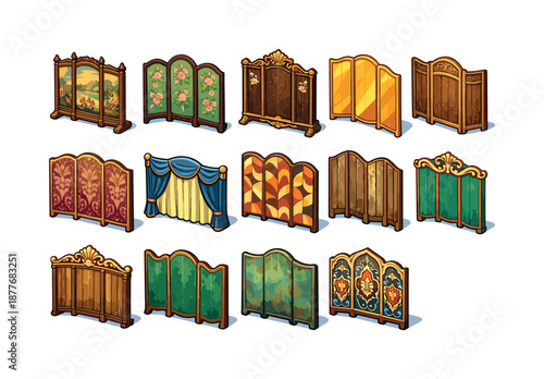 Vintage Folding Screens. Vintage folding screens. Colorful isometric vector icons set of vintage folding screens: antique panel, Victorian floral screen,