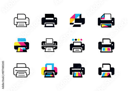 Printer Logo Variations. Printing. Icon set. Set Logo of Printing: printer machine. harmonious logo variations of the same emblematic concept, each with