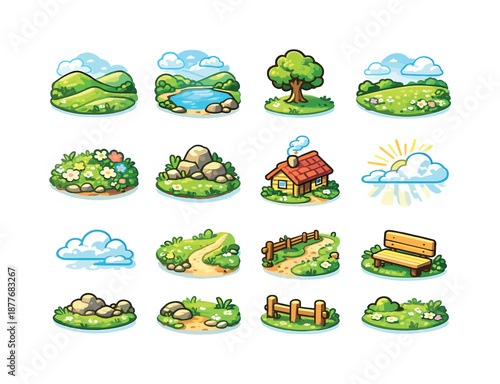 Isometric Peaceful Landscape. Peaceful landscape. Colorful isometric vector icons set of peaceful landscape: soft hills, calm lake, lone tree, grassy field,
