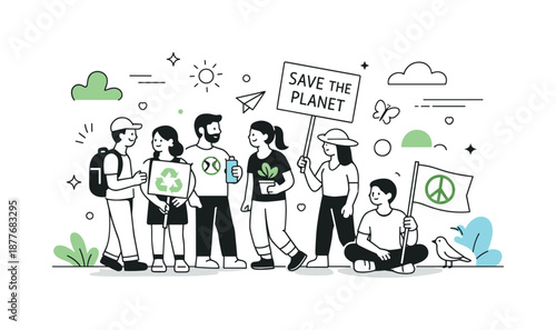 Peaceful March Outcome. Eco activism march outcome. Crowd slowing down after the march, calm mood and sense of shared purpose with abstract decorative shapes