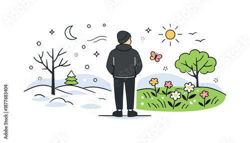 Seasonal Reflection. Two seasons one scene illustration. A person standing between snowy ground and blooming grass, calmly observing both sides.