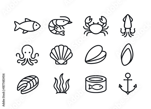 Seafood Outline Icons. Seafood. Line icon set of seafood: fish, shrimp, crab, lobster, octopus, scallop shell, mussel, squid, fish fillet, seaweed, tuna can,
