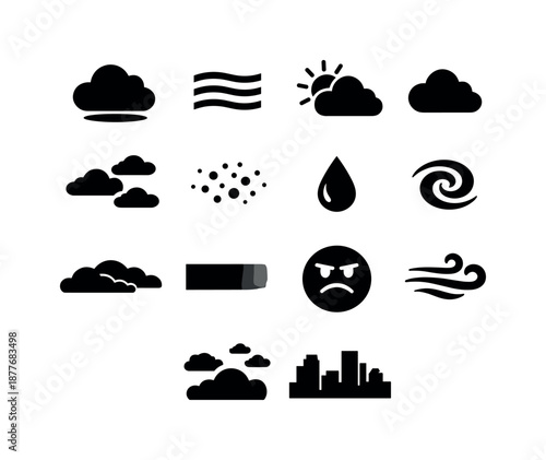 Moody Sky Icons. Moody sky. Solid icon set of Moody sky: cloud shadow, mist icon, partial sun behind cloud, drifting cloud, sky haze, subtle droplet, swirl