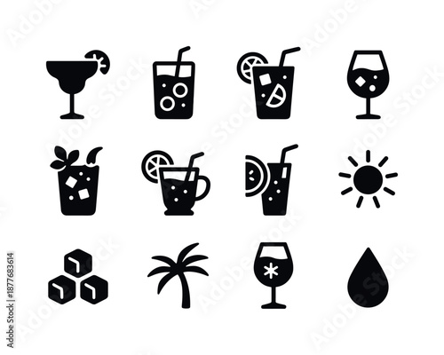 Summer Cocktail Icons. Summer cocktails. Solid icon set of summer cocktails: frozen margarita, berry cooler, citrus punch, iced spritz, mojito, lemonade