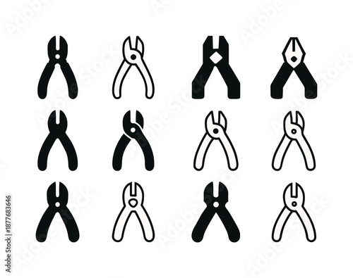 Sapper Logo Variations. Sapper. Icon set. Set Logo of sapper: wire cutters. harmonious logo variations: Filled silhouette, Minimal outline, Negative space,