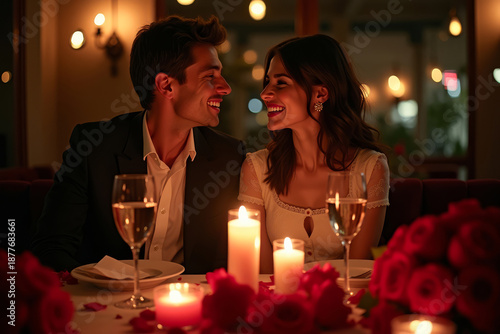 Intimate Valentine Dinner Couple. Romantic Restaurant Moment. Luxury Dining Date


