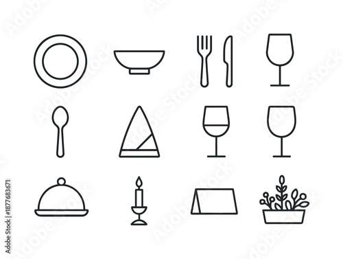 Holiday Feast Icon Set. Holiday feasts. Line icon set of table setting elements: dinner plate, soup bowl, fork, knife, spoon, napkin fold, wine glass, water