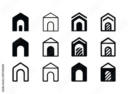 Grain Silo Icons. Grain silo. Icon set. Set Logo of grain silo: silo cross-section. harmonious logo variations of the same emblematic concept, each with
