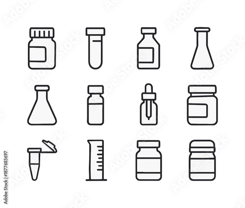 Lab Container Icons. Lab containers. Line icon set of Lab containers: reagent jar, sample tube, chemical bottle, test tube, flask, vial, dropper bottle,