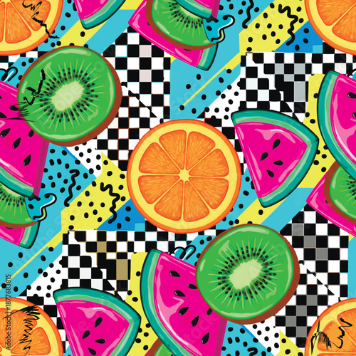 Vibrant seamless pattern with fruits in 90s Memphis style. Colorful background with kiwi, orange, and watermelon slices, checkers, and dots. Trendy retro vector food ornament.