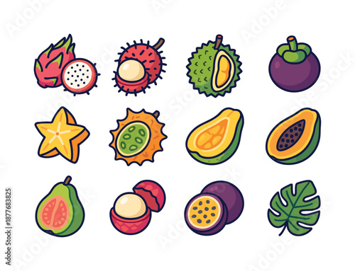 Exotic Fruit Icons. Exotic fruits. Colorful isometric vector icons set of exotic fruits: dragon fruit, rambutan, durian, mangosteen, starfruit, horned melon,
