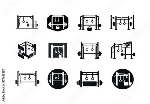 Fitness Logo Variations. fitness spaces and gym setups. Icon set. Set Logo of fitness spaces and gym setups: functional training rig. harmonious logo