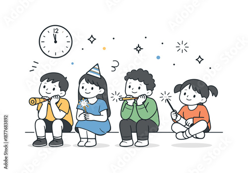 Children's Festive Anticipation. Children waiting for midnight celebration. Kids holding small party items like horns or sparklers, waiting