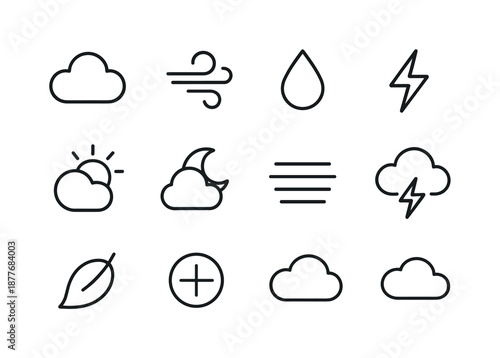 Nature Icon Set. Nature atmosphere. Line icon set of nature atmosphere: cloud puff, wind swirl, raindrop, lightning spark, sun behind cloud, moon behind cloud,