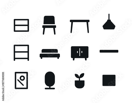 Minimalist Icon Set. Minimalist room design. Solid icon set of minimalist room design: clean shelf, simple chair, bare table, geometric lamp, open-frame rack,