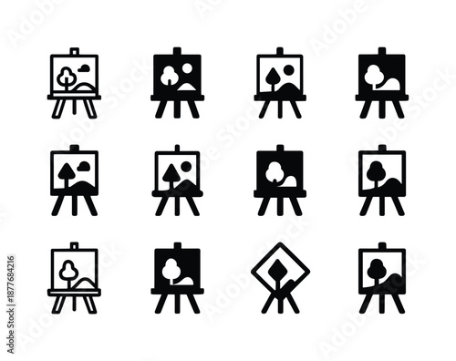 Open-Air Painting Icons. Open-air painting sessions. Icon set. Set Logo of open-air painting sessions: canvas frame. harmonious logo variations of the same