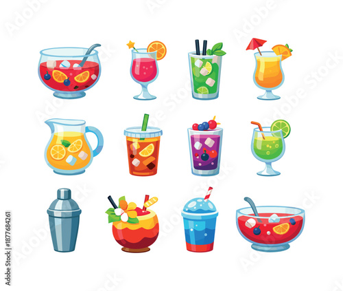 Colorful Party Drinks Icons. Party Drinks. Colorful flat vector icons set of Party Drinks: fruit punch, sparkling cocktail, mojito glass, tropical smoothie,