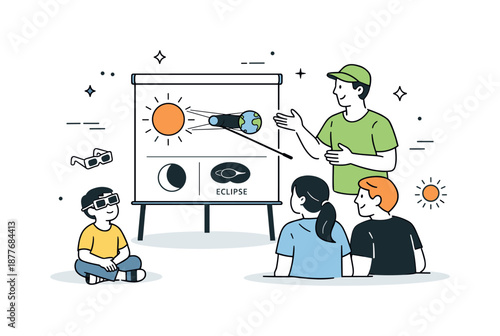Educational Eclipse Illustration. People watching eclipse learning moment. Adult explaining the eclipse to others using simple diagrams. Education and shared
