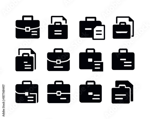 Job Contract Icons. Job contract. Icon set. Set Logo of Job contract: Briefcase contract symbol: Stylized detail, Iconic shape, Minimal outline, Flat solid,