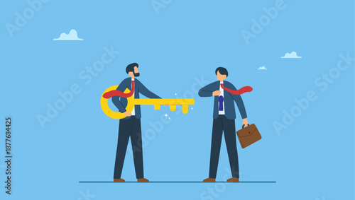 Coach holding success golden key to unlock employee keyhole. Coaching or training to unlock employee true potential and achieve career success, advance skill for talent personal development.