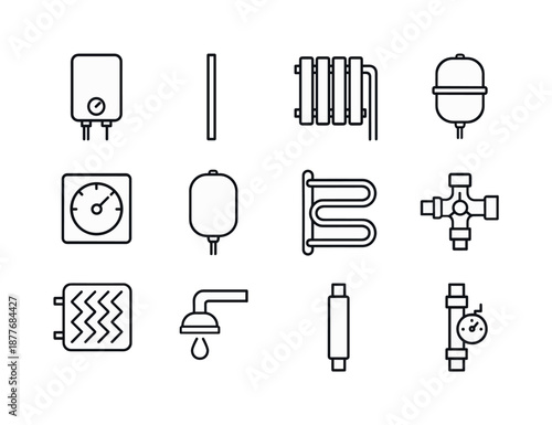 Plumbing System Icons. In-wall pipe routing diagram. Line icon set of water heating system: boiler icon, hot water line, radiator panel, thermostat gauge,