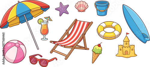 Cartoon beach vacation items set, umbrella, starfish, shell, surfboard, sunglasses, ice cream, sandcastle, flat vector illustration