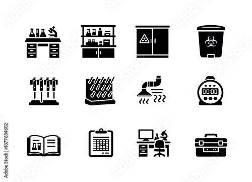 Lab Equipment Icons. Lab environment. Solid icon set of Lab environment: bench surface, shelving unit, chemical cabinet, waste container, pipette stand, drying
