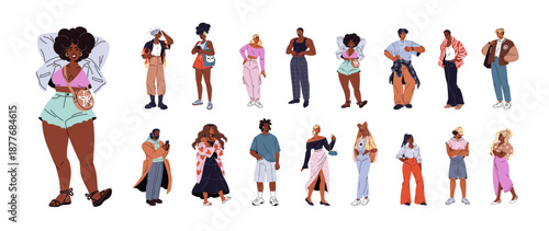 African American people wearing stylish clothes set. Black men and women in fashion outfits. Happy and smiling girls and boys in trendy looks. Flat isolated vector illustrations on white background