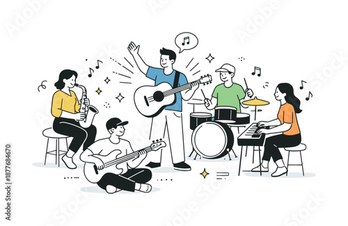 Creative Jam Session. Music jam session improvisation. One musician leading while others follow the rhythm. Flow, listening and creative freedom. Minimalist