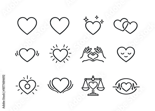 Heart Icon Collection. Heart Expressions. Line icon set of Heart Expressions: open heart, filled heart outline, sparkling heart, connected hearts, flutter