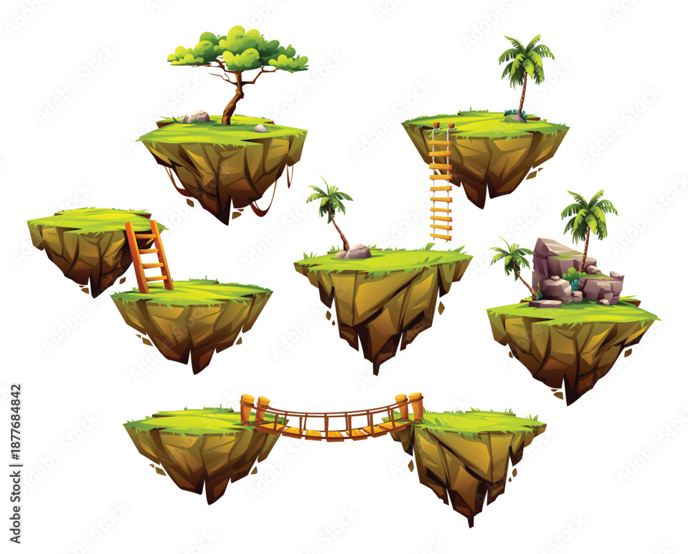 Fototapeta premium Floating islands with rope bridge, wooden ladders and tropical palm trees. Vector cartoon illustration