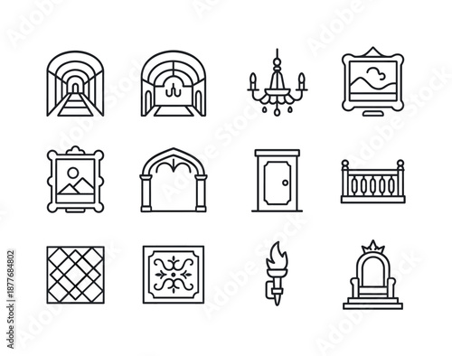 Royal Hall Icons. Royal halls. Line icon set of Royal halls: long corridor, arched ceiling, crystal chandelier, royal carpet, wall painting, decorative arch,