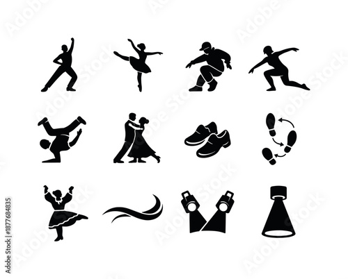 Dance Icons Collection. Dance. Solid icon set of dance: dancer silhouette, ballet pose figure, hip-hop dancer, contemporary dance move, breakdance spin icon,