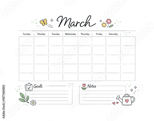March Planner Templates. Planner templates for March. A clean monthly planner layout with a March calendar grid, soft spring accents and light decorative dots,