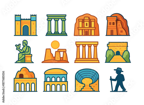 Ancient Wonders Icons. Ancient world wonders. Colorful flat vector icons set of Ancient world wonders: monumental gate, towering pillars, cliff-face shrine,