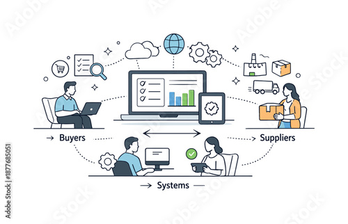 Digital Procurement Ecosystem. End-to-end e-procurement ecosystem. Buyers, suppliers, and systems connected through a unified digital platform. Balanced