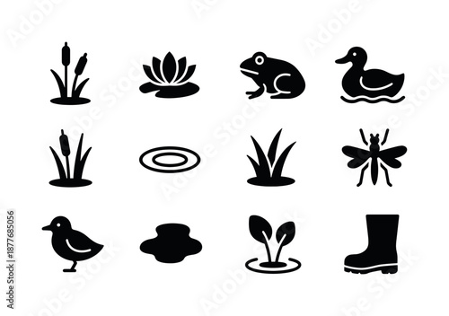 Wetlands Icon Set. Wetlands. Solid icon set of Wetlands: cattails, water lily, frog, duck, reeds, ripples, marsh grass, insect, bird, puddle, aquatic plant,