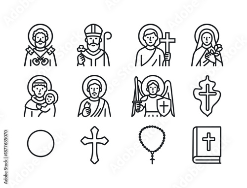 Patron Saints Icons. Heavenly imagery. Colorful isometric vector icons set of heavenly imagery: clouds gate, golden light, winged angel, open heaven door,