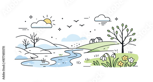 Spring Awakening. Early spring landscape concept. Minimal editorial nature scene highlighting transition from winter to spring, soft forms, light colors and