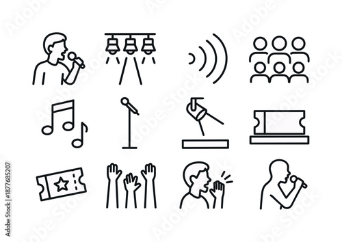 Live Performance Icons. Complete Live Singing Performance Essentials. Line icon set of Complete Live Singing Performance Essentials: singer with mic, stage