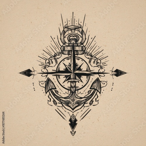 Black and white illustration of a nautical emblem; anchor, compass rose, rope, and starburst details