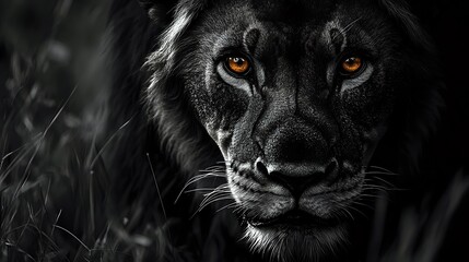 Majestic lion portrait with piercing amber eyes in dramatic black and white photography showcasing wild animal power and intensity in natural habitat.